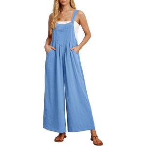 imageIWOLLENCE Womens Summer Jumpsuits Boho Wide Leg Overalls Casual Loose Rompers with Pockets 202408 Blue