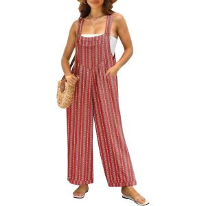 imageIWOLLENCE Womens Summer Jumpsuits Boho Wide Leg Overalls Casual Loose Rompers with Pockets 202430 Fp Bm Rust Red Dashed