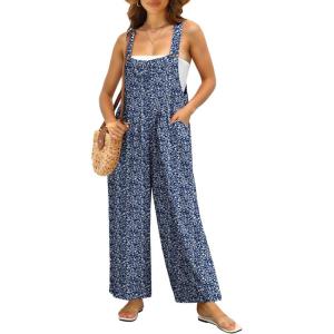 imageIWOLLENCE Womens Summer Jumpsuits Boho Wide Leg Overalls Casual Loose Rompers with Pockets 202432 Fp Blue White Flower