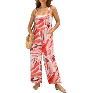 imageIWOLLENCE Womens Summer Jumpsuits Boho Wide Leg Overalls Casual Loose Rompers with Pockets 202441 Fp White Ink Orange