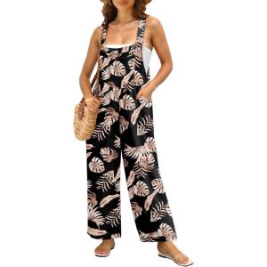 imageIWOLLENCE Womens Summer Jumpsuits Boho Wide Leg Overalls Casual Loose Rompers with Pockets 202442 Fp Black Palm Leaf
