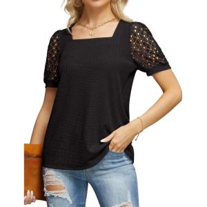 imageIWOLLENCE Womens Waffle Knit Blouse Puff LongShort Sleeve Lace Tops Casual Loose T Shirts01 Black