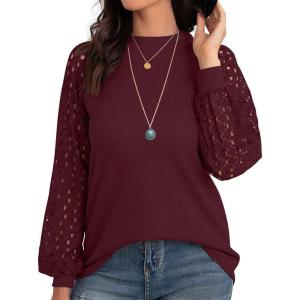 imageIWOLLENCE Womens Waffle Knit Blouse Puff LongShort Sleeve Lace Tops Casual Loose T Shirts01 Wine Red