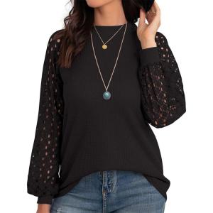 imageIWOLLENCE Womens Waffle Knit Blouse Puff LongShort Sleeve Lace Tops Casual Loose T Shirts02 Black