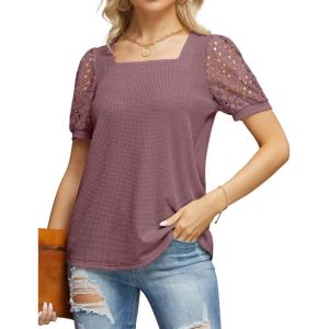 imageIWOLLENCE Womens Waffle Knit Blouse Puff LongShort Sleeve Lace Tops Casual Loose T Shirts02 Rust Red