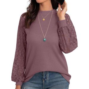 imageIWOLLENCE Womens Waffle Knit Blouse Puff LongShort Sleeve Lace Tops Casual Loose T Shirts03 Rust Red
