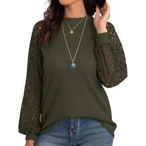 imageIWOLLENCE Womens Waffle Knit Blouse Puff LongShort Sleeve Lace Tops Casual Loose T Shirts04 Army Green