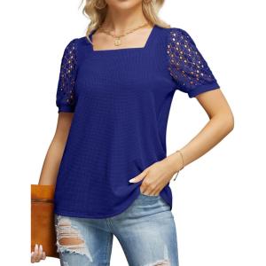 imageIWOLLENCE Womens Waffle Knit Blouse Puff LongShort Sleeve Lace Tops Casual Loose T Shirts04 Royal Blue