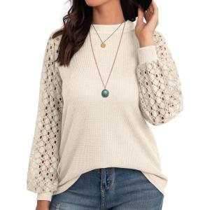 imageIWOLLENCE Womens Waffle Knit Blouse Puff LongShort Sleeve Lace Tops Casual Loose T Shirts05 Oatmeal
