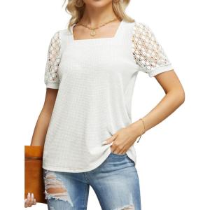 imageIWOLLENCE Womens Waffle Knit Blouse Puff LongShort Sleeve Lace Tops Casual Loose T Shirts05 White