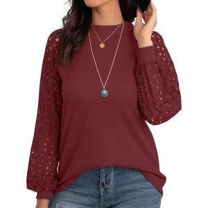 imageIWOLLENCE Womens Waffle Knit Blouse Puff LongShort Sleeve Lace Tops Casual Loose T Shirts10 Red
