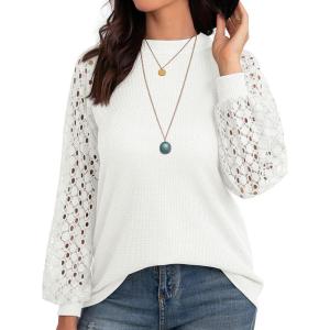 imageIWOLLENCE Womens Waffle Knit Blouse Puff LongShort Sleeve Lace Tops Casual Loose T Shirts11 White