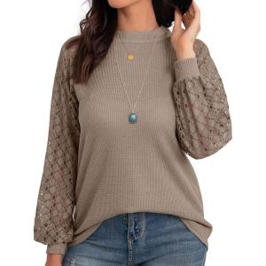 imageIWOLLENCE Womens Waffle Knit Blouse Puff LongShort Sleeve Lace Tops Casual Loose T Shirts12 Khaki