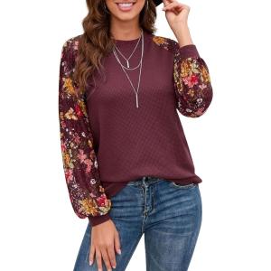 imageIWOLLENCE Womens Waffle Knit Blouse Puff LongShort Sleeve Lace Tops Casual Loose T Shirts23 Leopard Wine Floral