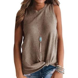 imageIWOLLENCE Womens Waffle Knit Tank Tops Casual Blouse Sleeveless Cute Twist Knot TunicC Khaki