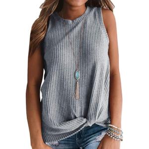 imageIWOLLENCE Womens Waffle Knit Tank Tops Casual Blouse Sleeveless Cute Twist Knot TunicC Light Grey