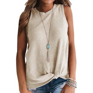 imageIWOLLENCE Womens Waffle Knit Tank Tops Casual Blouse Sleeveless Cute Twist Knot TunicC Oatmeal