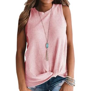imageIWOLLENCE Womens Waffle Knit Tank Tops Casual Blouse Sleeveless Cute Twist Knot TunicC Pink