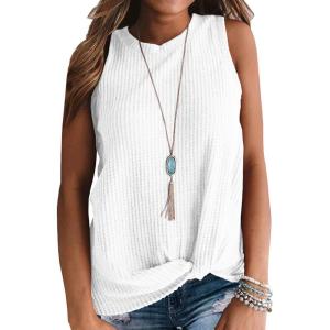 imageIWOLLENCE Womens Waffle Knit Tank Tops Casual Blouse Sleeveless Cute Twist Knot TunicC White