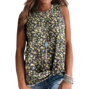 imageIWOLLENCE Womens Waffle Knit Tank Tops Casual Blouse Sleeveless Cute Twist Knot TunicFpblack Yellow Floral