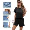 imageIWOLLENCE Womens 2 Piece Sets Summer Lounge Set Casual Short Sleeve Round Neck Tops and Elastic Waist Short Outfits TracksuitBlack