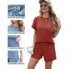 imageIWOLLENCE Womens 2 Piece Sets Summer Lounge Set Casual Short Sleeve Round Neck Tops and Elastic Waist Short Outfits TracksuitBrick Red