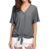 imageIWOLLENCE Womens Waffle Knit Tunic Blouse Tie Knot Short Sleeve Henley Tops Loose Fitting Bat Wing ShirtsCdark Grey