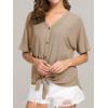 imageIWOLLENCE Womens Waffle Knit Tunic Blouse Tie Knot Short Sleeve Henley Tops Loose Fitting Bat Wing ShirtsCkhaki