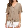 imageIWOLLENCE Womens Waffle Knit Tunic Blouse Tie Knot Short Sleeve Henley Tops Loose Fitting Bat Wing ShirtsCkhaki