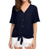 imageIWOLLENCE Womens Waffle Knit Tunic Blouse Tie Knot Short Sleeve Henley Tops Loose Fitting Bat Wing ShirtsCnavy Blue