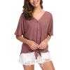 imageIWOLLENCE Womens Waffle Knit Tunic Blouse Tie Knot Short Sleeve Henley Tops Loose Fitting Bat Wing ShirtsCrust Red