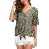 imageIWOLLENCE Womens Waffle Knit Tunic Blouse Tie Knot Short Sleeve Henley Tops Loose Fitting Bat Wing ShirtsFpblack Yellow Floral