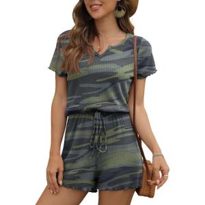 imageIWOLLENCE Rompers for Women Waffle Knit Notch Neck Summer Casual Beach Drawstring Shorts Jumpsuit Lettuce Trim Loungewear