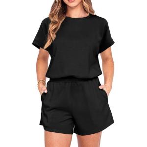 imageIWOLLENCE Womens 2 Piece Sets Summer Lounge Set Casual Short Sleeve Round Neck Tops and Elastic Waist Short Outfits TracksuitBlack