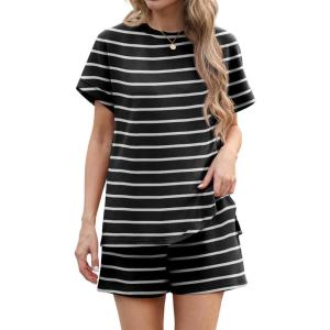 imageIWOLLENCE Womens 2 Piece Sets Summer Lounge Set Casual Short Sleeve Round Neck Tops and Elastic Waist Short Outfits TracksuitBlack White Stripe