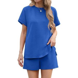 imageIWOLLENCE Womens 2 Piece Sets Summer Lounge Set Casual Short Sleeve Round Neck Tops and Elastic Waist Short Outfits TracksuitBlue