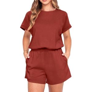 imageIWOLLENCE Womens 2 Piece Sets Summer Lounge Set Casual Short Sleeve Round Neck Tops and Elastic Waist Short Outfits TracksuitBrick Red