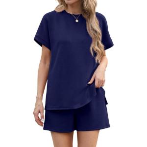 imageIWOLLENCE Womens 2 Piece Sets Summer Lounge Set Casual Short Sleeve Round Neck Tops and Elastic Waist Short Outfits TracksuitDark Blue