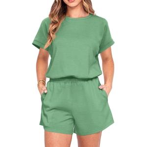 imageIWOLLENCE Womens 2 Piece Sets Summer Lounge Set Casual Short Sleeve Round Neck Tops and Elastic Waist Short Outfits TracksuitDark Green
