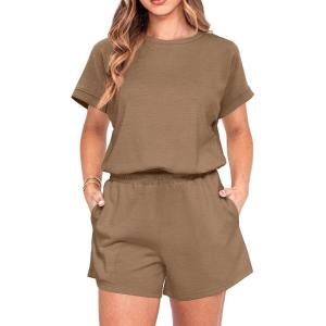 imageIWOLLENCE Womens 2 Piece Sets Summer Lounge Set Casual Short Sleeve Round Neck Tops and Elastic Waist Short Outfits TracksuitDark Khaki
