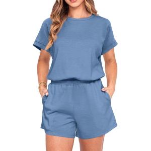 imageIWOLLENCE Womens 2 Piece Sets Summer Lounge Set Casual Short Sleeve Round Neck Tops and Elastic Waist Short Outfits TracksuitDenim Blue