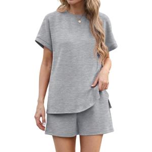 imageIWOLLENCE Womens 2 Piece Sets Summer Lounge Set Casual Short Sleeve Round Neck Tops and Elastic Waist Short Outfits TracksuitLight Gray