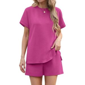 imageIWOLLENCE Womens 2 Piece Sets Summer Lounge Set Casual Short Sleeve Round Neck Tops and Elastic Waist Short Outfits TracksuitPeach Pink