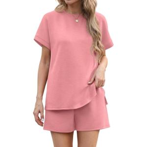 imageIWOLLENCE Womens 2 Piece Sets Summer Lounge Set Casual Short Sleeve Round Neck Tops and Elastic Waist Short Outfits TracksuitPink