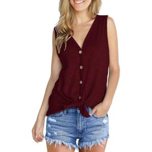 imageIWOLLENCE Womens Loose Henley Blouse Sleeveless Button Down T Shirts Tie Front Knot Tops05 Wine Red