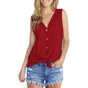 imageIWOLLENCE Womens Loose Henley Blouse Sleeveless Button Down T Shirts Tie Front Knot Tops11 Red