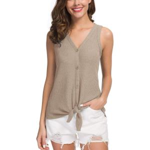 imageIWOLLENCE Womens Loose Henley Blouse Sleeveless Button Down T Shirts Tie Front Knot Tops13 Khaki
