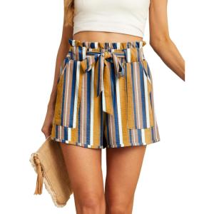 imageIWOLLENCE Womens Shorts with Pockets Summer Casual Shorts for Women Waist Casual Lightweight Adjustable Tie Knot Loose17yellow Stripe