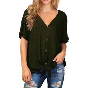 imageIWOLLENCE Womens Waffle Knit Tunic Blouse Tie Knot Short Sleeve Henley Tops Loose Fitting Bat Wing ShirtsCarmy Green
