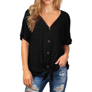 imageIWOLLENCE Womens Waffle Knit Tunic Blouse Tie Knot Short Sleeve Henley Tops Loose Fitting Bat Wing ShirtsCblack
